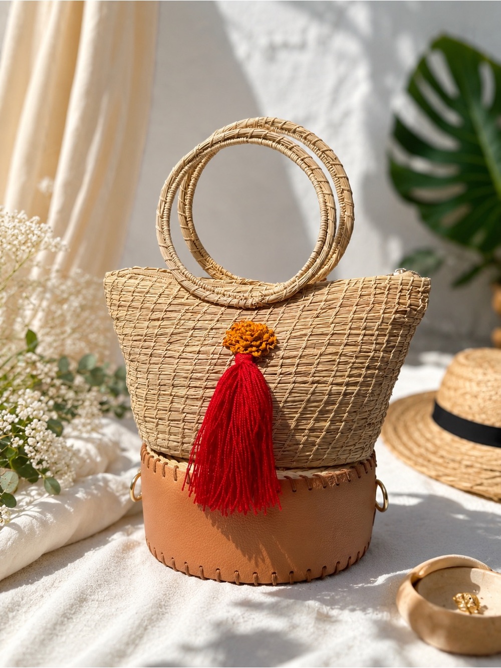 Woven Straw Tote Bag with Red Tassel